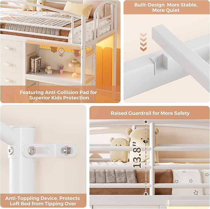 Low Loft Bed Twin Size with 7 Storage Drawers, Desk and LED Lights, Heavy Duty Metal Kids Loft Bed with 12" H Safety Guardrail, Anti-Collision Pad, Private Play Curtain, Under-Bed Play Space - White