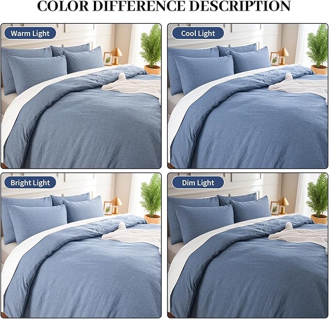 NEXHOME PRO Duvet Cover Twin 100% Washed Cotton, Heathered Blue Breathable, Durable, Textured, Linen Like, Home Bedding Set 68"x90"