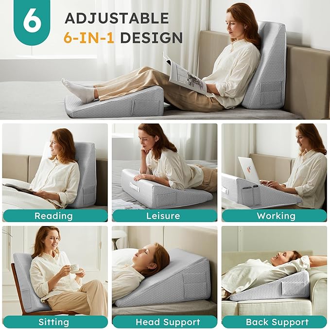 Bedluxe Wedge Pillow, 12 inch Bed Wedge Pillow for Headboard, Pillow Wedge for Acid Reflux Relief, Sleeping, After Surgery, Snoring, Gerd, Triangle Pillow Wedge - Cooling Memory Foam Top, Light Grey