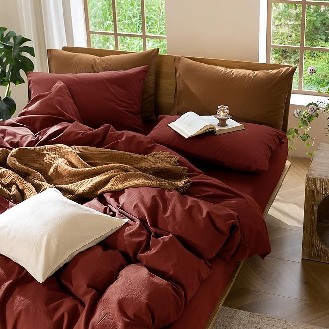 MooMee Bedding Duvet Cover Set 100% Washed Cotton Linen Like Textured Breathable Durable Soft Comfy (Solid Fired Brick Red, King 104"x90")