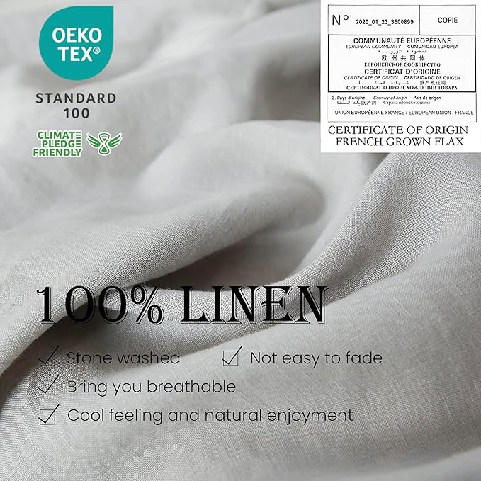 Simple&Opulence 100% Linen Duvet Cover Set 3pcs Basic Style Natural French Washed Flax Solid Color Soft Breathable Farmhouse Bedding with Button Closure - Light Grey, Queen