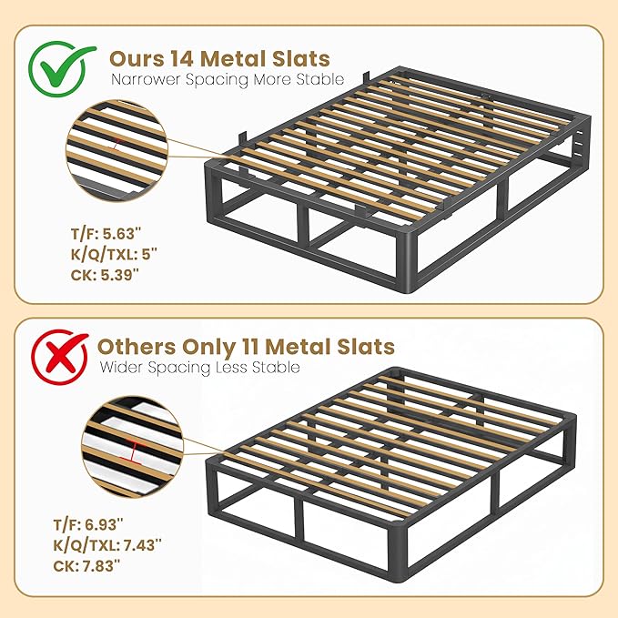 14 Inch Queen Bed Frame with Rounded Corner and Headboard Hole, Metal Platform Bed Frames 6 Non-Slip Guards, 3500lbs Heavy Duty Steel Slat Support, Squeak Free, No Box Spring Needed, Black