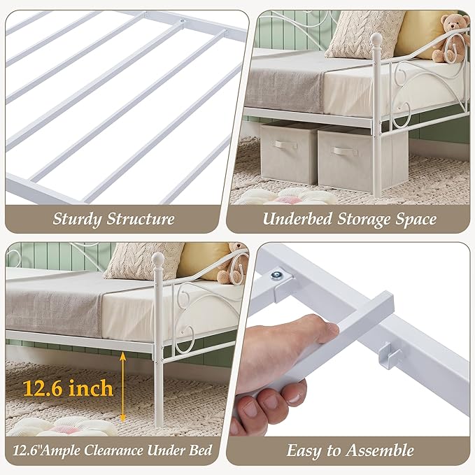 VECELO Daybed Frame, Twin Size Metal Platform Bed with Headboard,Heavy Duty Steel Slats Support for Living Room Bedroom Guest Room, Easy Assembly