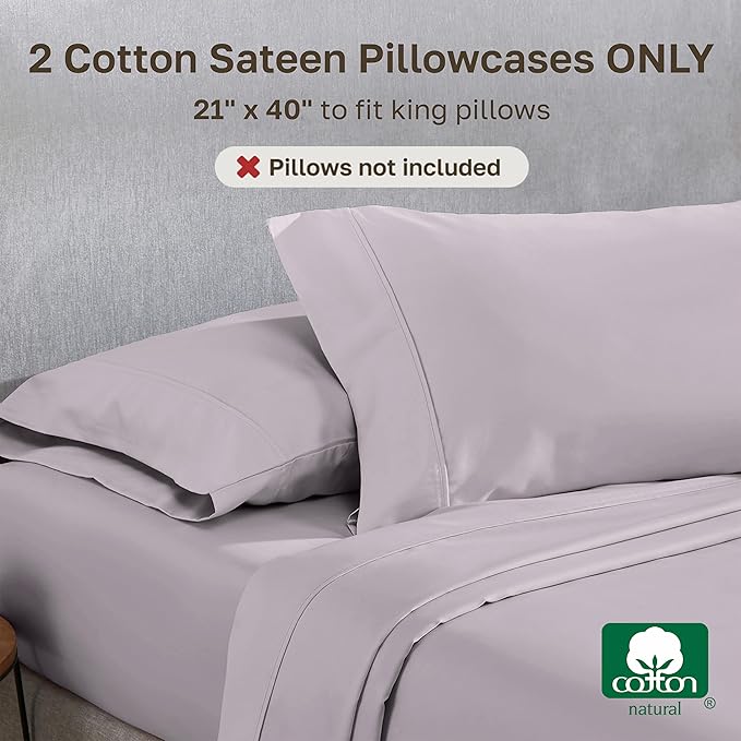 California Design Den King Size Pillowcase Set - 400 Thread Count, 100% Cotton Sateen, Set of 2 Pillow Covers, Soft and Breathable - Dusky Lavender Grey