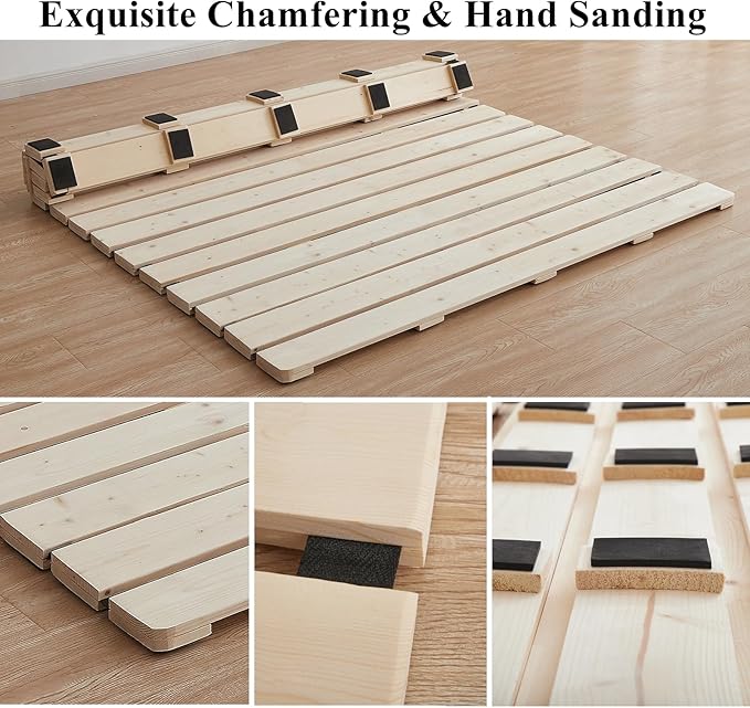 Floor Bed Frame King Size, Breathable Wooden Bed Plate, Wood Roll-Type Slatted Bed Japanese Futon Mattress, Floor Sleep Bedding (King)