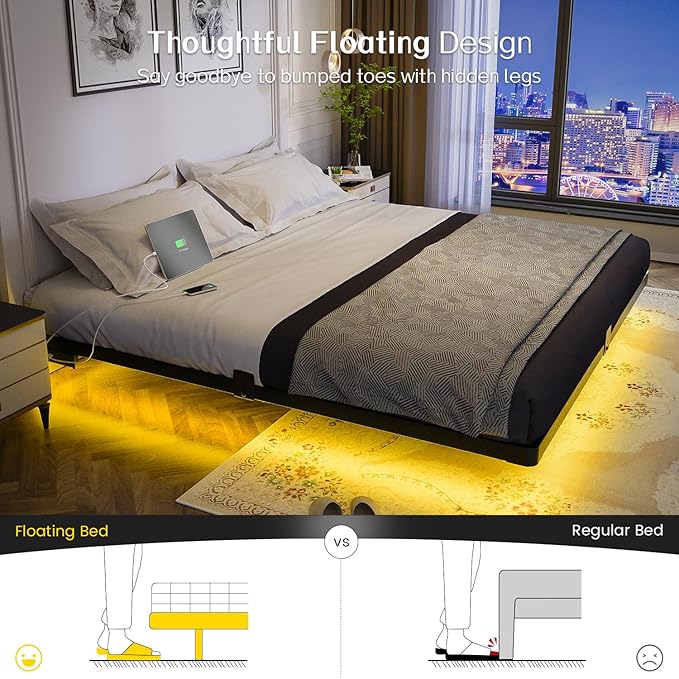 OLEVS King Size Floating Bed Frame, Metal Platform, with LED Light and Charging Station, No Box Spring Needed, Noise-Free, Easy Assembly
