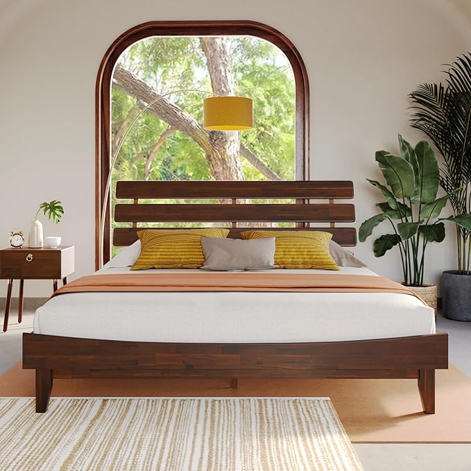 Bme Caden King Size Bed Frame and Adjustable Headboard, 15 Inch Mid Century Retro Style - Solid Acacia Wood - No Box Spring Needed - 12 Strong Wood Slat Support - Easy Assembly - Walnut