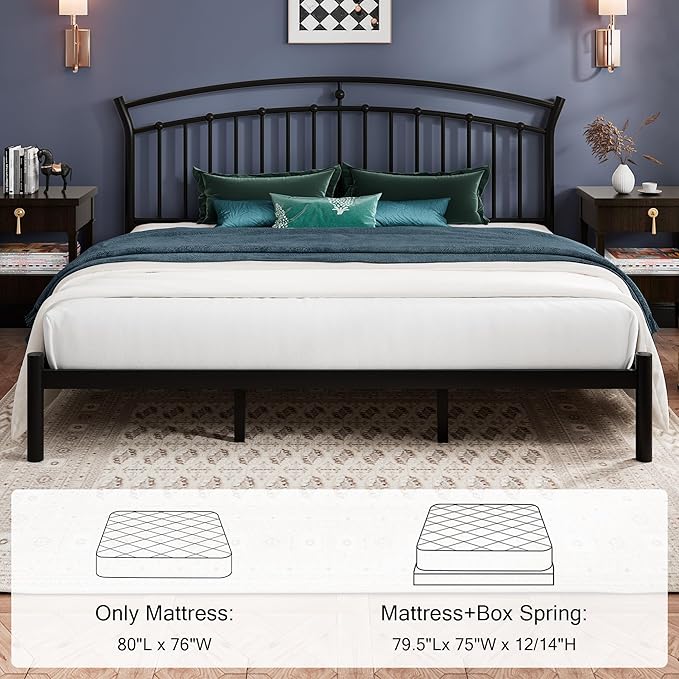 Einhomn King Size Bed Frame, Black Metal Bed Frame with 12" Under-Bed Storage, Heavy Duty Steel Slat Support, Noise-Free, No Box Spring Needed, Easy Assembly
