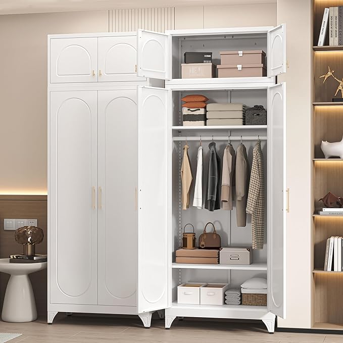 86" Metal Wardrobe Cabinets,Armoire Wardrobe Closet with Hanging Rod,Clothes Storage Cabinet with Adjustable Shelves and Doors,Clothing Cabinet for Bedroom, Office, Laundry Room