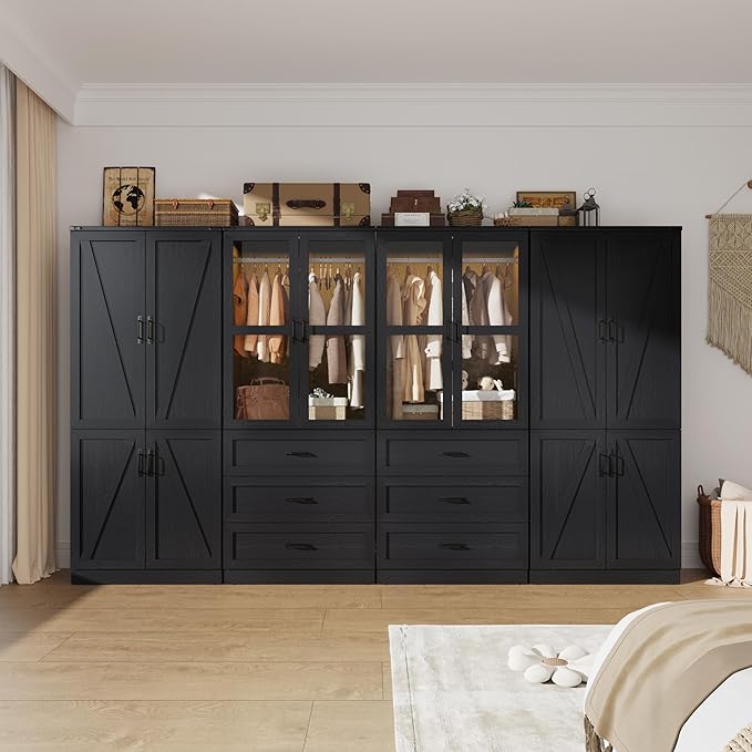 Hlivelood 75" Tall Farmhouse 8 Doors Armoire Wardrobe Closet with 6 Drawers and LED,Freestanding Closet Wardrobe Cabinet for Bedroom with Hanging Rod,Wooden Armoire Storage Cabinet(Black 8 Doors)