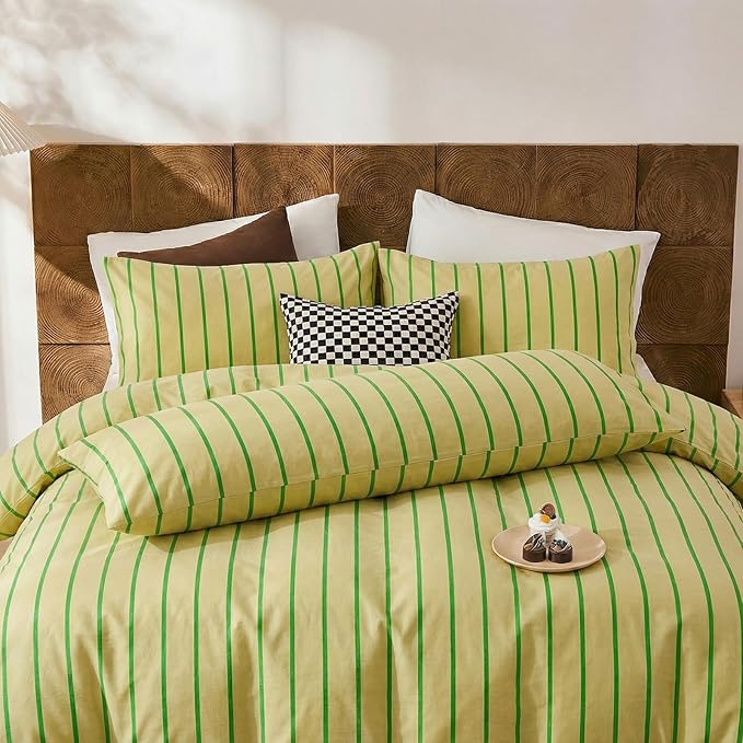 Merryword 100% Cotton Pillow Cases, Queen Size Pillowcases, Khaki & Green Striped Pillowcases,Luxury Linen Like Pillowcase, Soft Breathable Track Stripes Pillow Covers, Set of 2