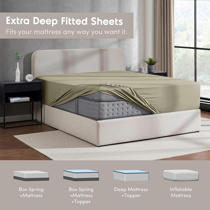 Nestl Light Sage Extra Deep Pocket King Fitted Sheet Only, Hotel Luxury King Size Fitted Sheets Easily Fits 18 to 24 Inch Mattress, Super Soft, Wrinkle-Free, and Breathable Sheets with Corner Straps