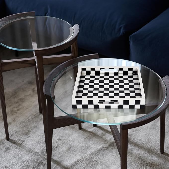 Handicrafts Home 12x12 Decorative Serving Tray, Black and White Checkered Resin Inlay Tray, Square Coffee Table Ottoman Tray for Living Room, Kitchen, Guest Tray Entertaining and Display Centerpiece