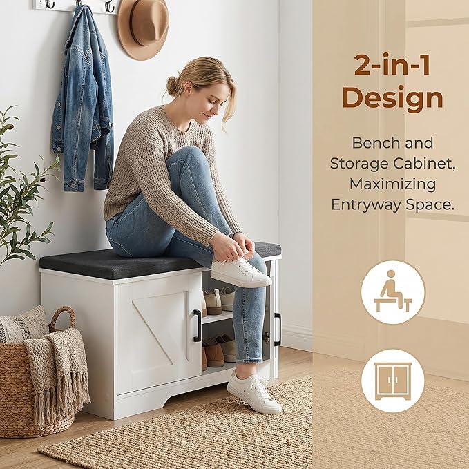 HOMSHO 2-Tier Storage Bench, 27.6" Wide Shoe Bench with Padded Seat Cushion, Entryway Bench with 2 Barn Doors and Adjustable Shelf, White