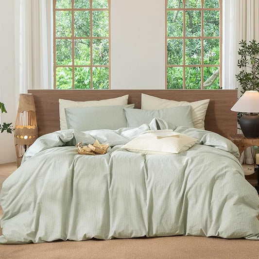 MooMee Striped Duvet Cover Set 100% Washed Cotton Linen Like Textured Breathable Durable Soft Comfy (Sage Green White Pinstripes, Palatial King/Oversized King 120"x98")
