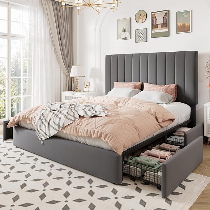 Allewie Queen Size Storage Bed Frame, Vertical Channel Tufted Adjustable Headboard, Velvet Upholstered Platform Bed with 4 Oversized Underbed Drawers, Wooden Slats Support, No Box Spring Needed, Grey