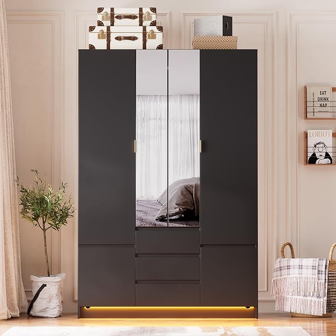 PAKASEPT 4 Doors Armoire Wardrobe Closet with Led Light & Mirror, Bedroom Large Capacity Freestanding Armoire Wardrobe with Drawers, Storage Cabinet with Hanging Rod Storage Closet for Bedroom