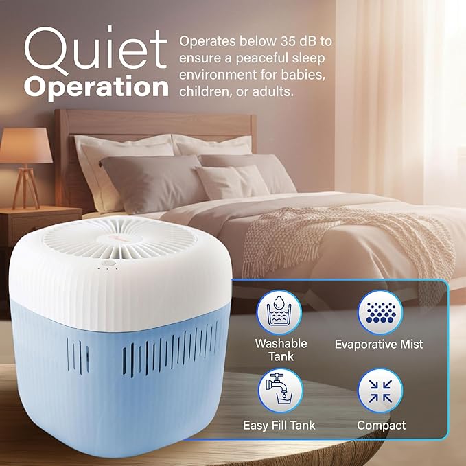 Crane Evaporative Humidifier, Wick Filter, Dishwasher Safe Tank, UV Light, No White Dust, Whisper Quiet, Bedroom Nursery Office, 1.9L Tank, Up To 250 SQ FT