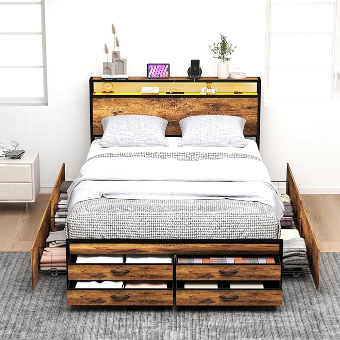 Zevemomo Full Bed Frame with 8 Storage Drawers, Full Metal Bed Frame with LED Light and Charging Station, Heavy Duty Metal Slats, No Box Spring Needed, Rustic Brown