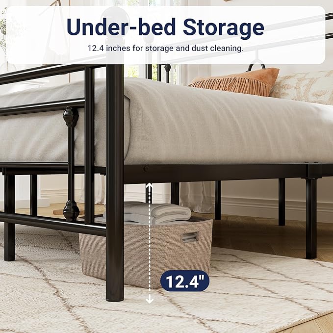 Allewie King Size Metal Platform Bed Frame with Victorian Vintage Headboard and Footboard/Mattress Foundation/Under Bed Storage/No Box Spring Needed/Noise-Free/Easy Assembly, Black