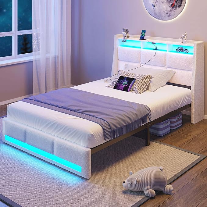 Rolanstar Twin Size Bed Frame with LED Lights and Charging Station, Upholstered Headboard with 2-Tier Storage Shelves, Heavy Duty Metal Frame, Noise-Free Support, Easy Assembly, No Box Spring Needed