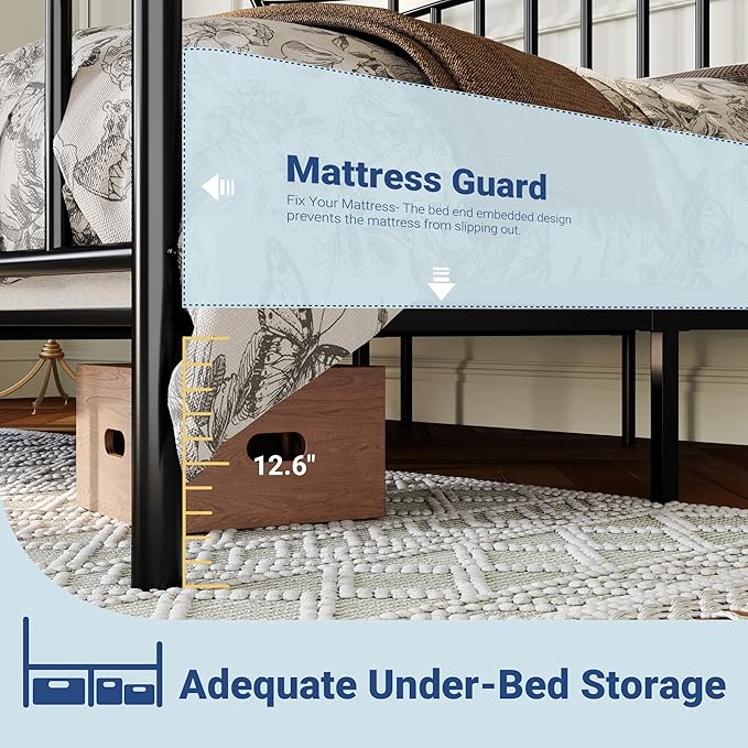 Allewie 14 Inches King Size Metal Platform Bed Frame with Elegant Crown Headboard & Footboard, Sturdy Mattress Foundation with Under-Bed Storage, Easy Assembly, No Box Spring Needed, Black
