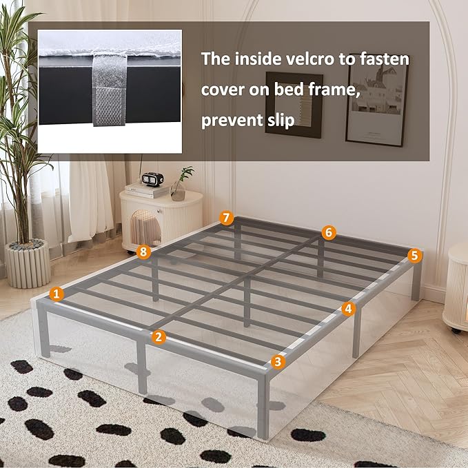 Maenizi 14 Inch King Size Bed Frame with White Fabric Cover, Heavy Duty King Platform Bed Frame Support Up to 3000 lbs, No Box Spring Needed, Easy Assembly, Noise Free, Black