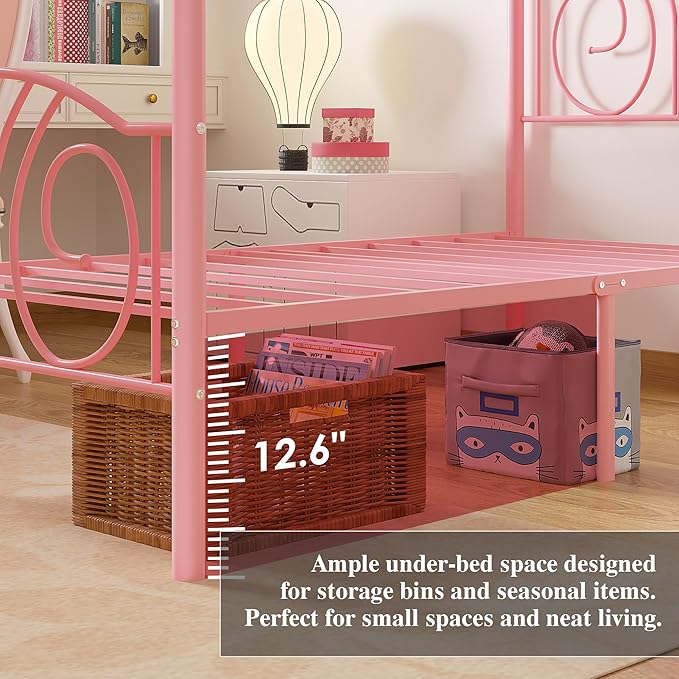 VECELO Metal Canopy Bed Frame Twin Size, 4 Posters Platform Mattress Foundation with Headboard, Heavy Duty Steel Slats Support, No Box Spring Needed, Pink