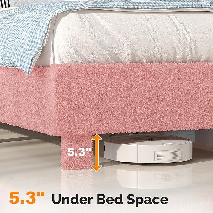 VINGLI Cloud Queen Bed Frame with Boucle Headboard,Cozy Soft Platform Bed with Wooden Slats, Cute Fabric Headboard, Cream Modern Style,Noise Free,Rounded Corners,Pink