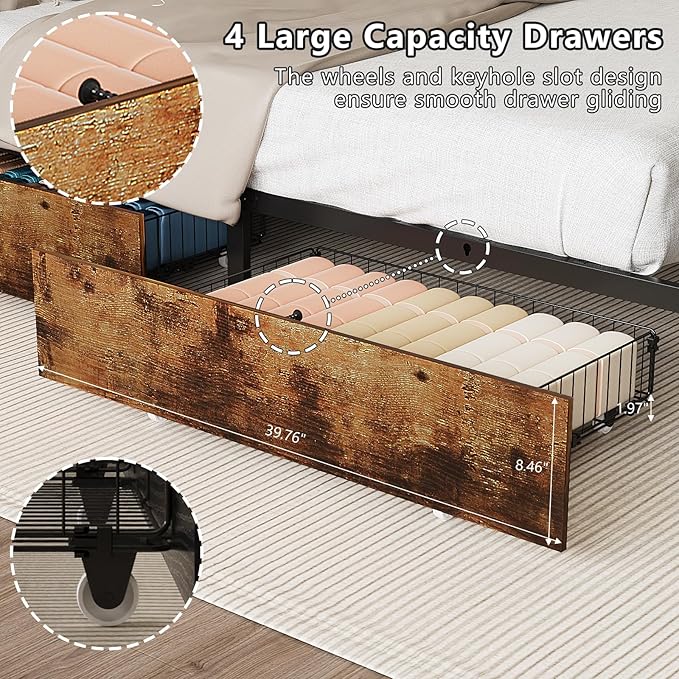 VINGLI Queen Bed Frame with 4 Storage Drawers and Headboard, Metal Platform Panel Bed with Charging Station and RGB LED Lights, No Box Spring Needed, Noise Free, Easy Assembly, Vintage Brown