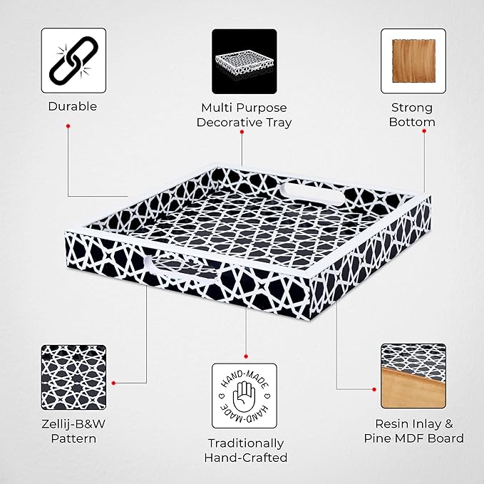 Handicrafts Home 12x12 Ottoman Tray with Handles, Black White Zellij Pattern Decorative Tray, Wood & Resin Inlay Square Coffee Table Serving Tray for Centerpiece, Vanity, Boho Modern Home Decor