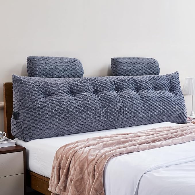 Wedge Headboard Pillow King- Bed Wedge Pillow for Headboard Triangular Headboard Pillow with Neck Roll Pillow-Large Bolster for Sitting in Bed Backrest Positioning Support (Grey,76x8x20 Inches)