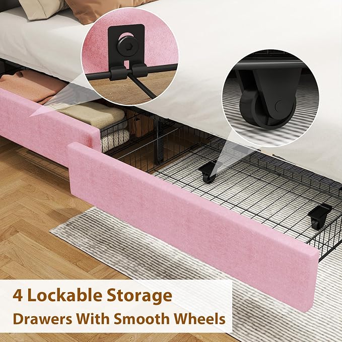 EVLIQUIL Bed Frame Queen Size with 4 Storage Drawers, Upholstered Headboard & Frame, Sturdy Metal Frame & Wood Slats, Platform Bed Frame No Box Spring Needed, Easy Assembly, Pink
