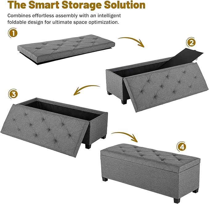 DUMOS Upholstered Storage Bench, End of Bed Ottoman, Extra Large 46.5 Gal (176L) Internal Volume, Foot Stool for Bedroom, Living Room, Sturdy Storage Chest, Dark Grey, 43.3" L x 15.7" W x 15.7" H