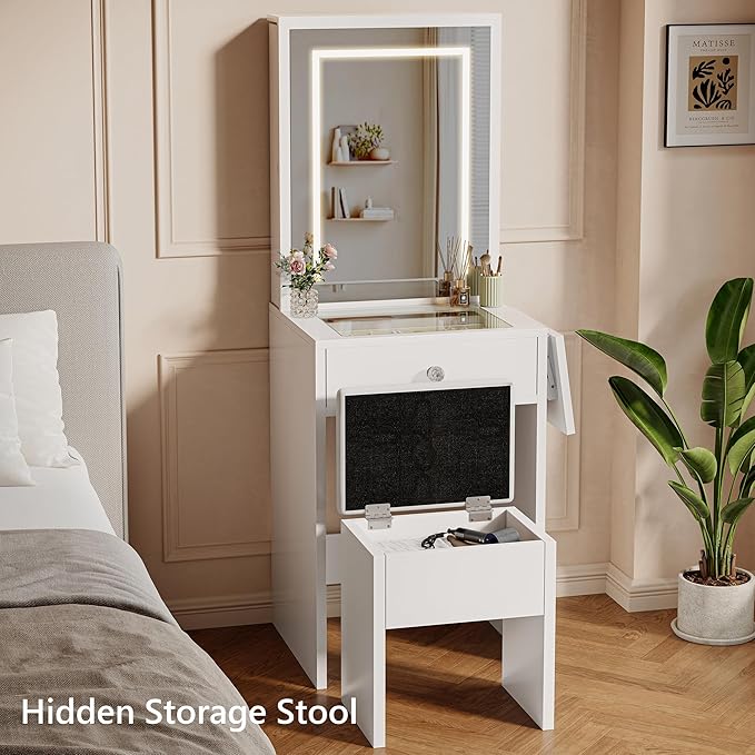 Einhomn Small Vanity Desk Set with Mirror and Lights, Glass Top Vanity with Storage, Compact Makeup Dressing Table with Stool and 2 Hidden Pull-Out Cabinets, for Bedroom, Saving Space, White