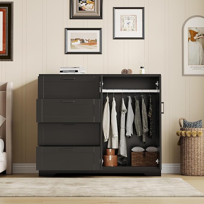 GarveeHome Multifunctional Wooden Dresser for Bedroom, 43.3 in H 2 Door Wardrobe Armoire Closet with 4 Drawers and Hanging Rod, Low Storage Cabinet for Hanging Cloth, Black