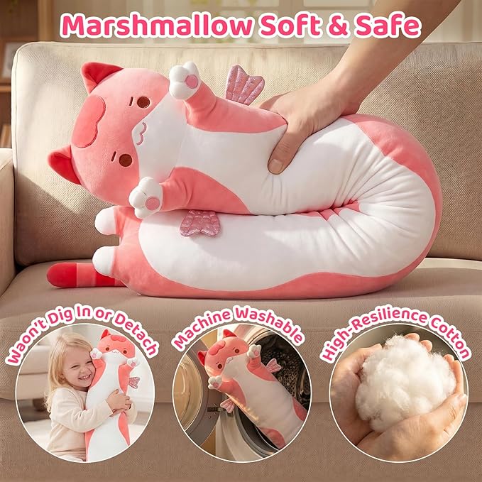 Mewaii Long Cat Plush 5 Sizes, 120% Extra Filling Giant Plushness Kids Body Pillow, Kawaii Cute Pink Cat Stuffed Animals Plushies, Big Long Body Pillow Cat Plush Gift for Girls 53”
