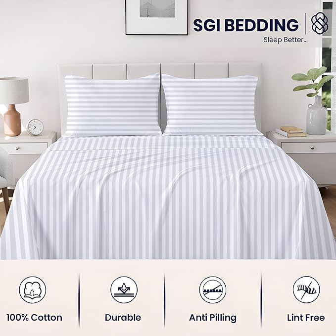 SGI bedding 100% Egyptian Cotton Sheets RV King Size – 600 Thread Count Sheets Set, Soft, Cooling, 15" Deep Pocket, Luxury Hotel Bedding, Breathable, Durable - White Stripe