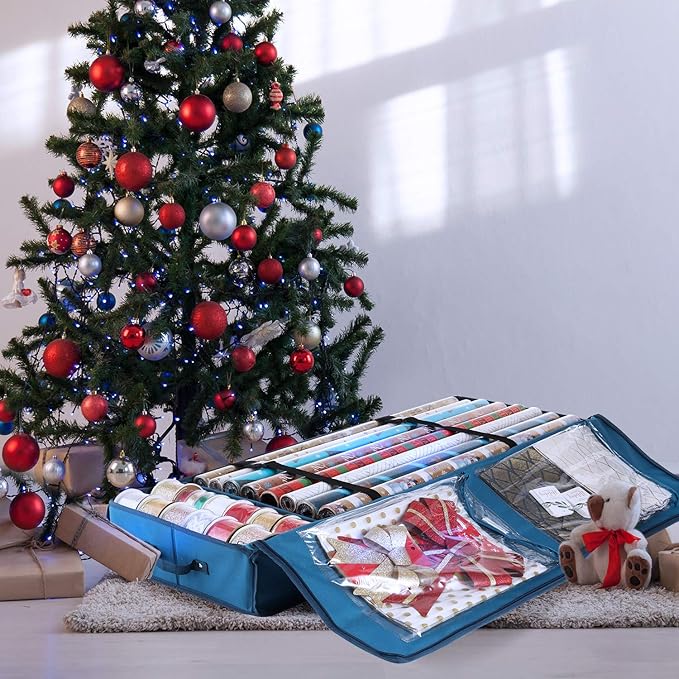 Hearth & Harbor Wrapping Paper Storage Container - Christmas Storage Bag with Interior Pockets - Gift Wrap Organizer Fits Up to 22 Rolls of 40" - Tear Proof, Blue