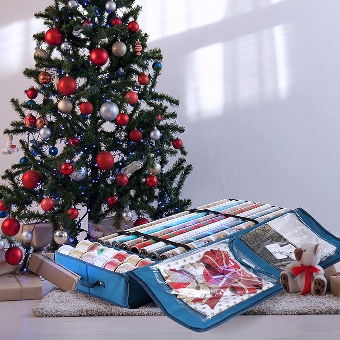 Hearth & Harbor Wrapping Paper Storage Container - Christmas Storage Bag with Interior Pockets - Gift Wrapping Organizer Storage Fits Up to 22 Rolls of 40" - Tear Proof Wrapping Paper Organizer