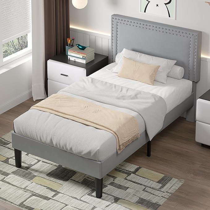 VECELO Twin Size Platform Bed Frame with Height Adjustable Upholstered Headboard, Modern Mattress Foundation,Strong Wood Slat Support, No Box Spring Needed, Easy Assembly,Light Grey