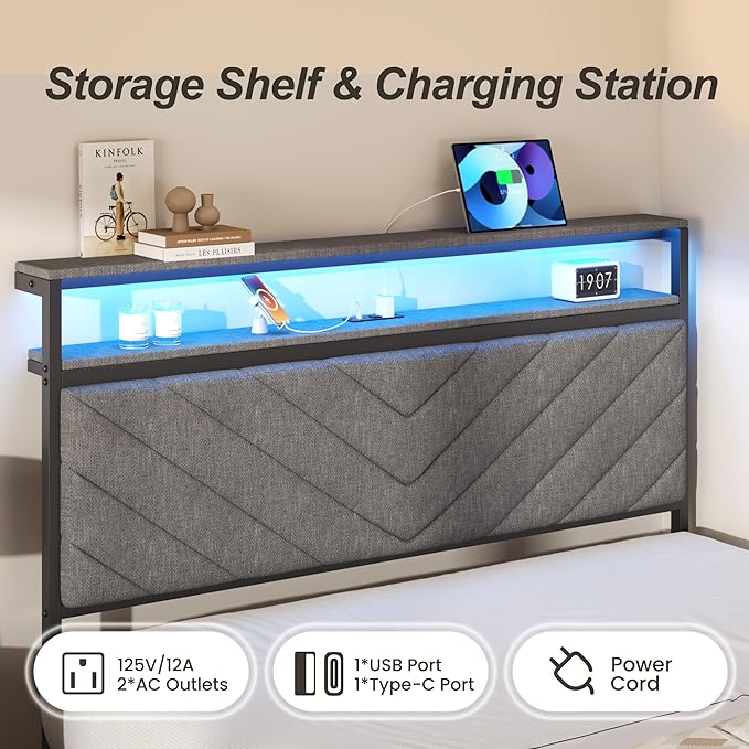 HISOFT Full Bed Frame with Charging Station, LED Lights & 2 Storage Drawers, Grey Platform Bed with Upholstered Headboard, Under-Bed Storage, No Box Spring Needed, Easy Assembly, Strong Support