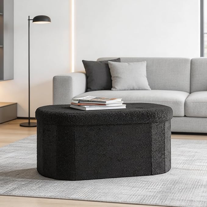 DUMOS Folding Storage Ottoman Bench, Oval Round Ottoman End of Bed Foot Rest Bench Stool with Cushion, Storage Chest for Bedroom, Living Room, Entryway, Dorm, Teddy Fabric, Black