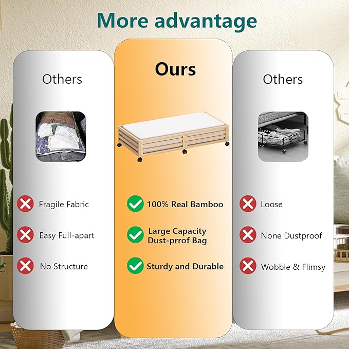 Wisuce Bamboo Under Bed Storage Containers- Underbed Organizer with Wheels with Dust Bag,Sturdy Wood Rolling Under the Bed Shoe Storage Organizer Drawers (Nature, 2 Pack (33.07"×16.54"))