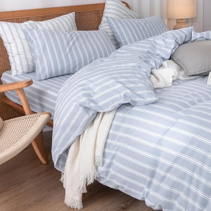 BESTOUCH Duvet Cover Set 100% Washed Cotton Linen Feel Super Soft Comfortable Chic Lightweight 3 PCs Home Bedding Set Cornflower Blue & White Stripes Queen