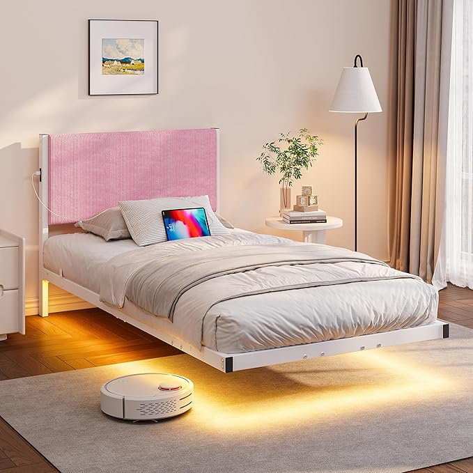 Twin Size Floating Bed Frame with LED Lights & USB Charging Station,Pink Twin Bed Frame with Headboard,Heavy Duty Metal Platform Bed for Girls,Strong Slats Support,No Box Spring Needed,Easy Assembly