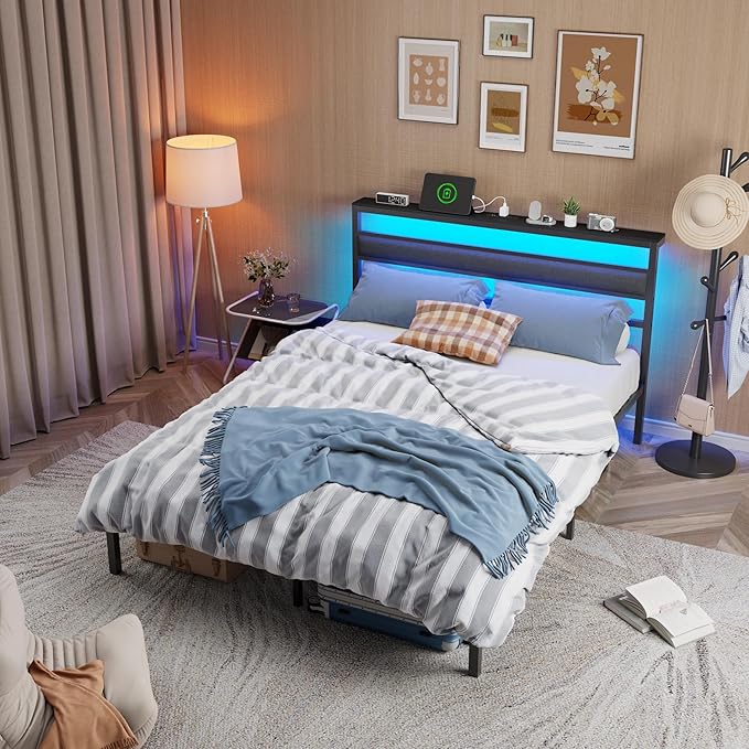 Ourpic Queen Bed Frame with Led Lights and Charging Station, Bed Queen Size Frame with Headboard and Under Bed Storage, Black Metal Platform Bedframe and Storage Shelf, Easy Install