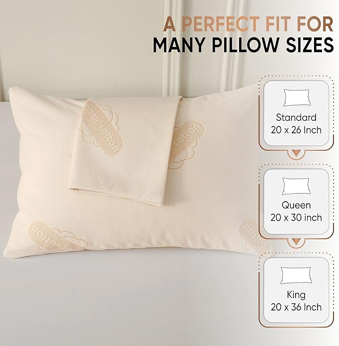 2-Pack Deluxe Waterproof Organic Cotton Pillow Protectors King Size - Certified Organic, Zippered Encasement, Soft Knit Fabric, Thick 280 GSM Cotton