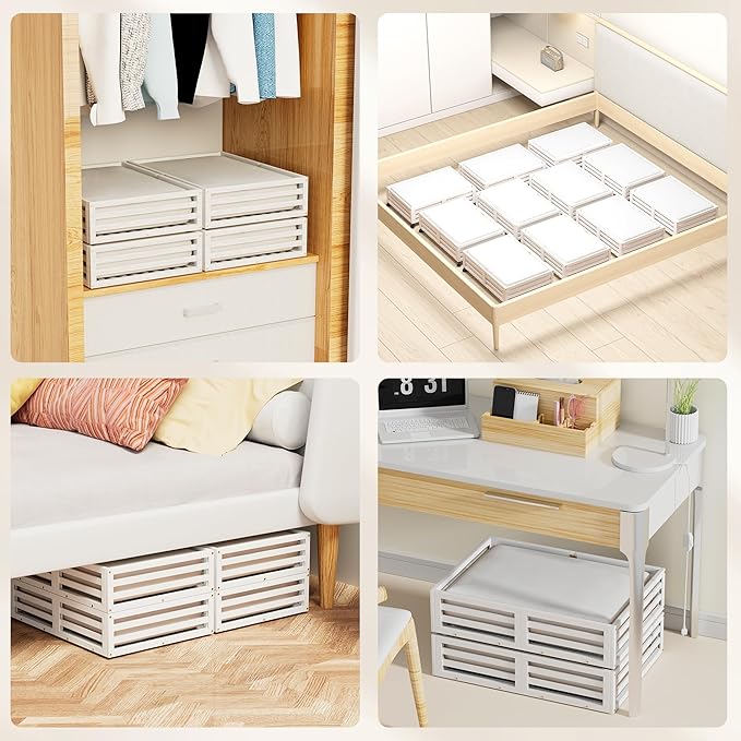 Wisuce Bamboo Under Bed Storage Containers- Underbed Organizer with Wheels with Dust Bag,Sturdy Wood Rolling Under the Bed Shoe Storage Organizer Drawers (White, 2 Pack (23.62"×16.54"))