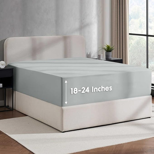 Nestl Light Grey Extra Deep Pocket King Fitted Sheet Only, Hotel Luxury King Size Fitted Sheets Easily Fits 18 to 24 Inch Mattress, Super Soft, Wrinkle-Free, and Breathable Sheets with Corner Straps